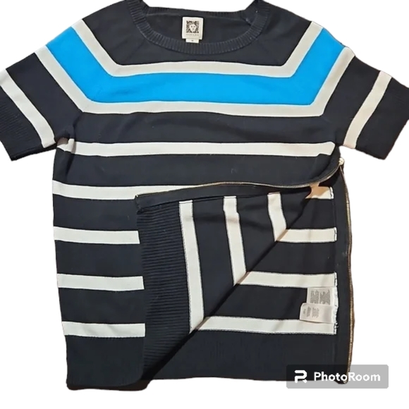 3/$45-Anne Klein Striped Knit Short Sleeve Shirt with Side Zip, Medium - Picture 3 of 13